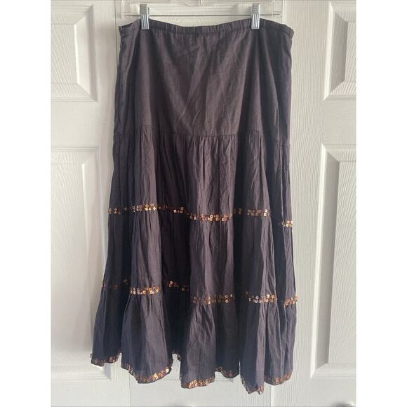 New Direction Women's Brown Tiered Festival Peasant Skirt 100% Cotton Large Boho - Picture 1 of 7